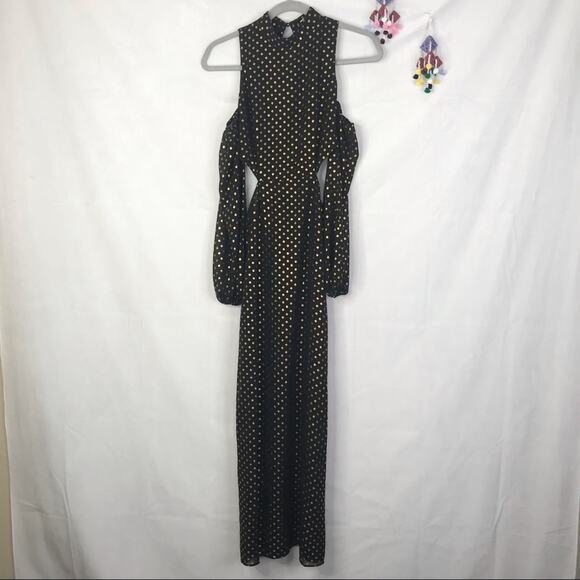 LPA Dress 43 in gold polka dot side cutout cold shoulders halter maxi dress - Picture 2 of 12